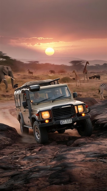 Sunset safari driving through africa wilderness terrn generated by