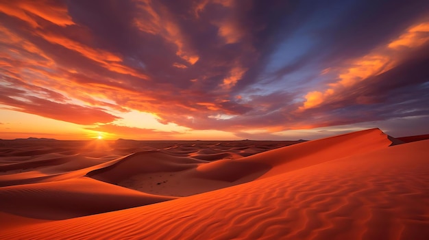 Sunset over sand dunes with red sunset