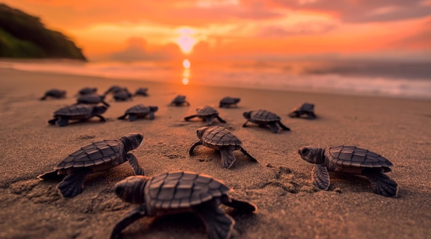 Sunset Scene Group of Baby Turtles Hatching on Beach Racing Towards Sea