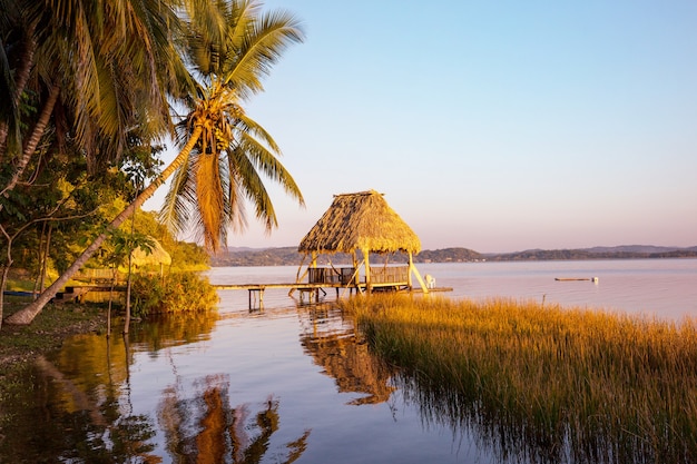 Sunset scene at the lake Peten Itza, Guatemala. Central America.