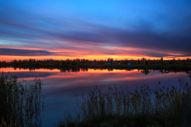 Sunset scene over lake water surface