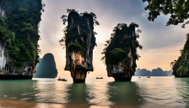 a sunset scene with a boat and two islands in the water