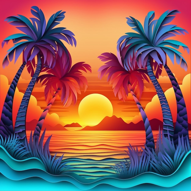 a sunset scene with palm trees and a beach generative ai