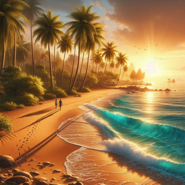 a sunset scene with palm trees and a man walking on the beach