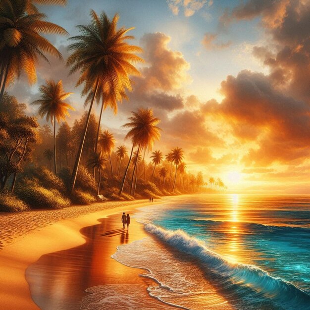 a sunset scene with palm trees and a sunset