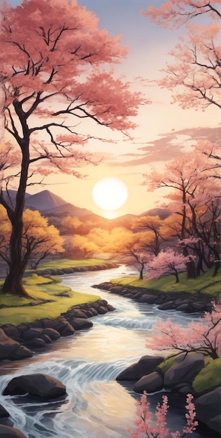 Sunset scene with river and spring trees 13