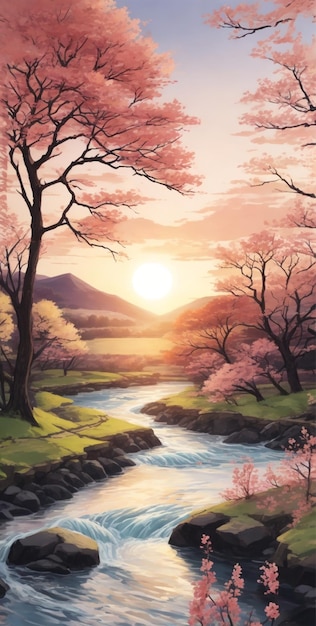 Sunset scene with river and spring trees 5