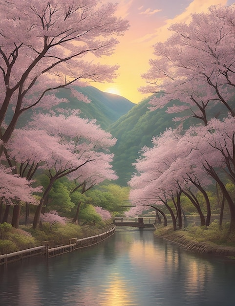 Sunset scene with a river and spring trees in the style of Japanese manga