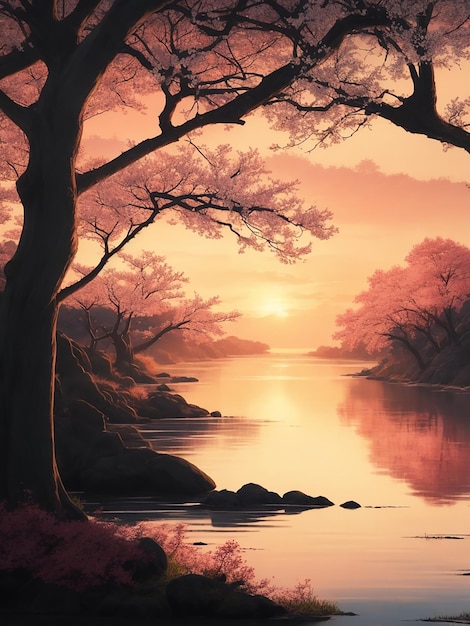 Sunset scene with a river and spring trees in the style of Japanese manga