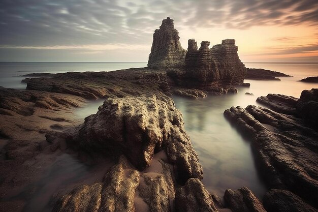 a sunset scene with a rock formation in the water and a sunset sky