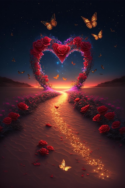 Sunset scene with roses and butterflies in the shape of a heart generative ai