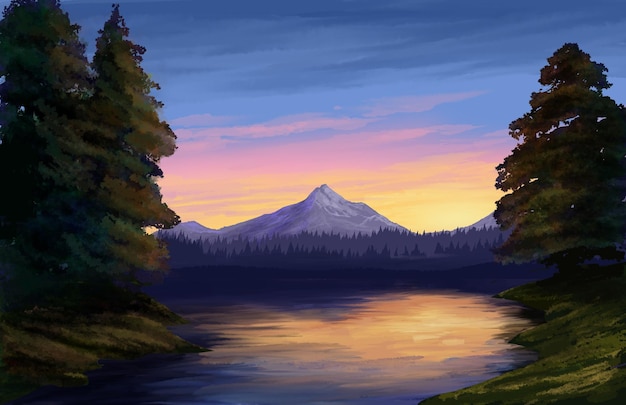 Sunset scenery with mountain and lake