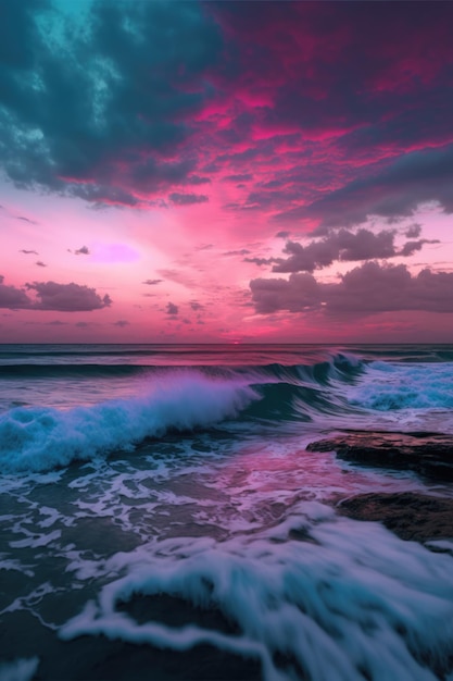 Sunset scenery with ocean rock and sky with clouds created using generative ai technology