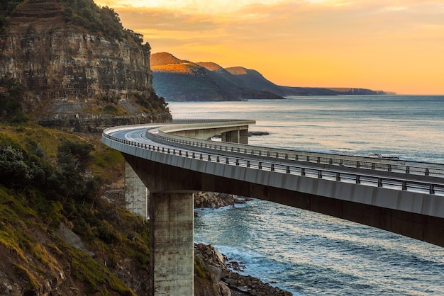 Sunset over the Sea cliff bridge along Australian Pacific ocean