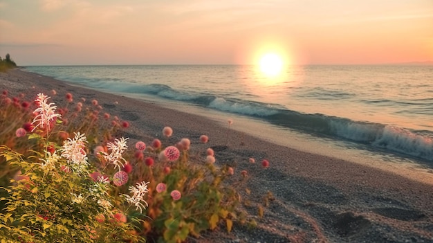 sunset at sea sand on beach and wild flowers narure landscape