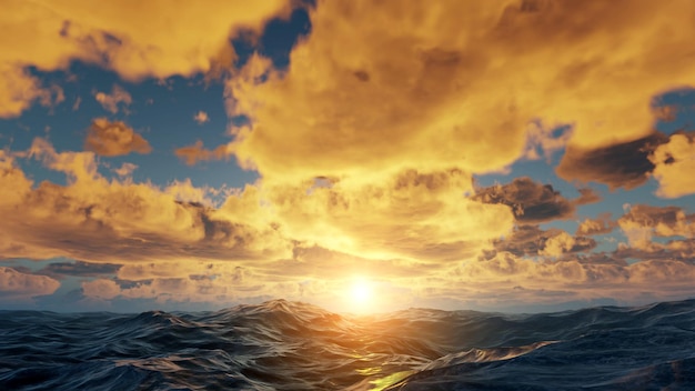 Sunset in sea sun in waves of ocean Fantastic sunset in summer on sea sun melts in the waves Clouds in rays of sun are reflected in the water 3d render