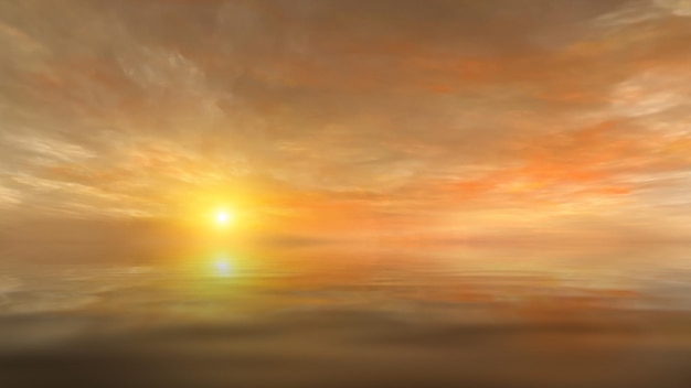 Sunset in sea sun in waves of ocean Fantastic sunset in summer on sea sun melts in the waves Clouds in rays of sun are reflected in the water 3d render