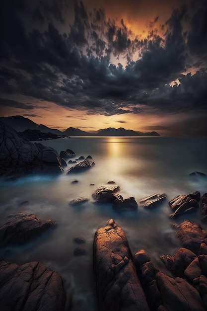 A sunset over the sea with a cloudy sky and mountains in the background.