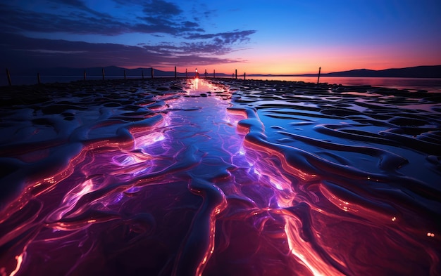 Sunset over the sea with glowing neon light pink and red colors in the foreground