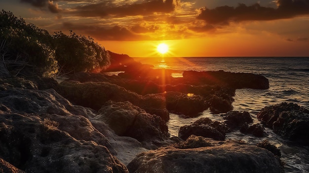 Sunset over the sea with rocks in the foreground and palm trees in the background