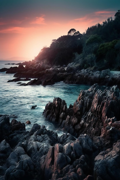 Sunset over the sea with rocks and trees in the foreground