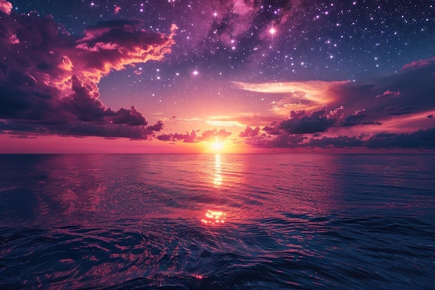 Photo sunset over the sea with a starry sky