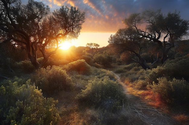 Sunset over the sea with trees in the foreground Sardinia