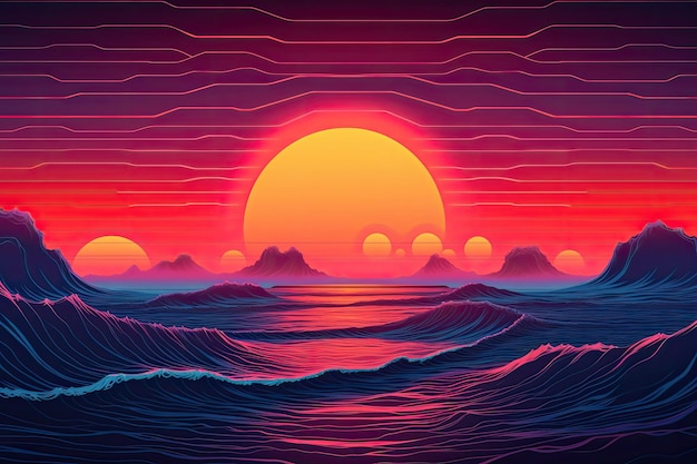 Sunset over the sea with waves illustration in a flat style Synthwave sunset landscape 80s retro synthwave color AI Generated