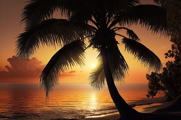 At sunset a seaside coconut palm tree