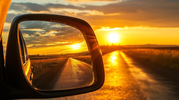 A sunset seen through a cars rearview mirror