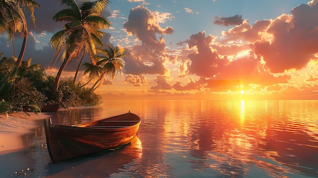 Sunset Serenade Small Boat on a Peaceful Beach as Waves Gently Hit the Shore