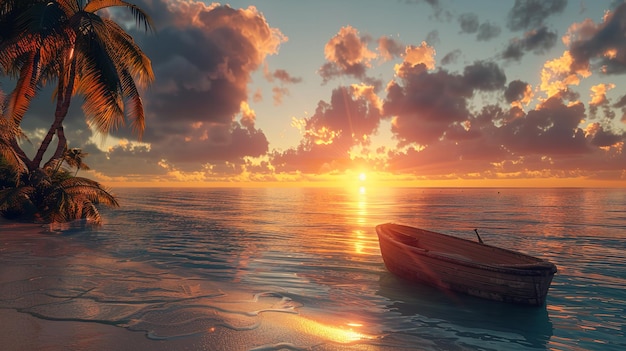 Sunset Serenade Small Boat on a Peaceful Beach as Waves Gently Hit the Shore