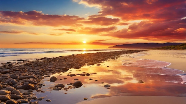 Photo sunset over serene beach with gentle waves background