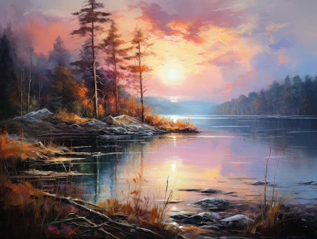 Sunset over serene lake with autumn foliage