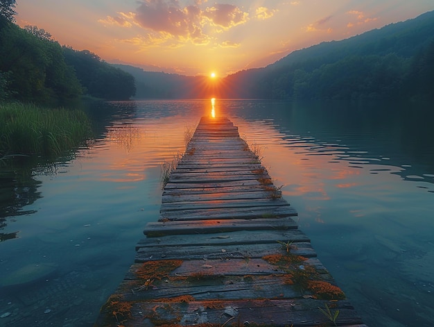 Photo sunset over a serene lake with a wooden pier leading to the horizon