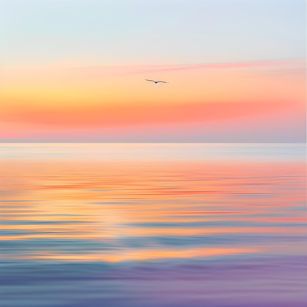 Sunset Serenity Over Calm Ocean with Gliding Seagull and Gentle Waves Reflecting Vibrant Colors of t