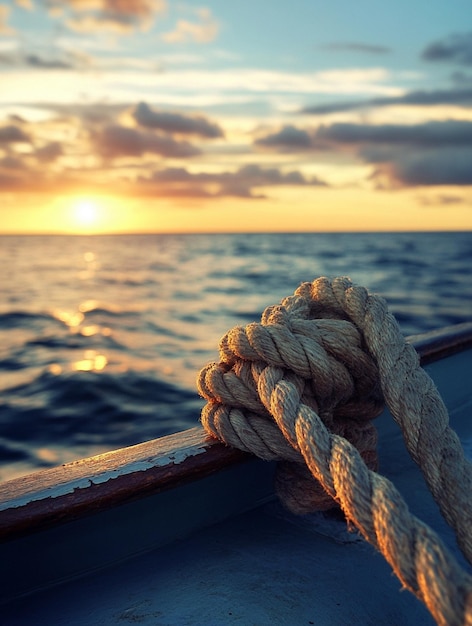 Sunset Serenity Nautical Rope Tied on Boat with Ocean Waves