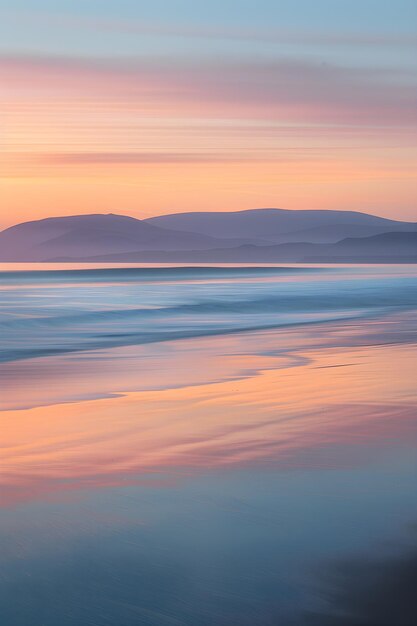 Photo sunset serenity a peaceful beachfront harmony of pastel hues and reflective waters