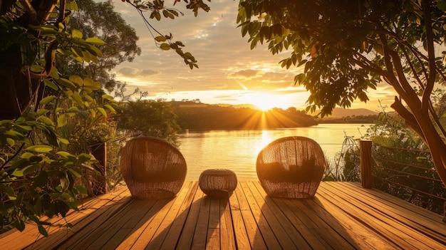 Photo sunset serenity a private lakeside deck