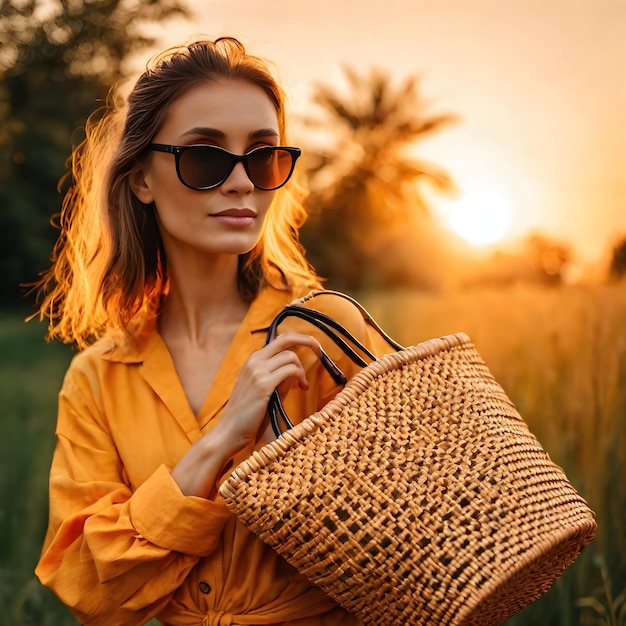 Sunset serenity woman in sunglasses with woven bag exuding warmth in