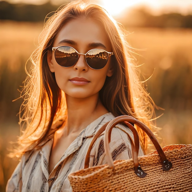 Sunset serenity woman in sunglasses with woven bag exuding warmth in