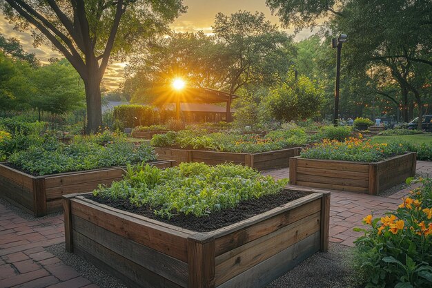 A sunset shines over a community garden with raised wooden beds