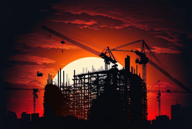 Sunset silhouette of a building site