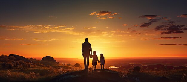 Photo a sunset silhouette of a family standing on a hill gazing towards the horizon