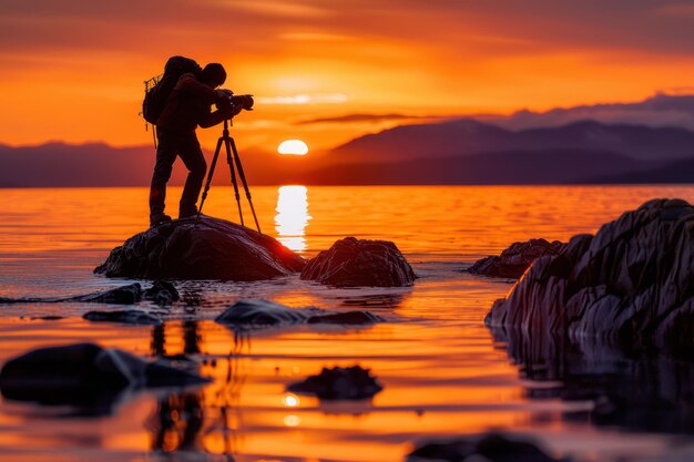 Sunset Silhouette of a Photographer in an Artistic Pose with a Stunning Golden Backdrop Capturing