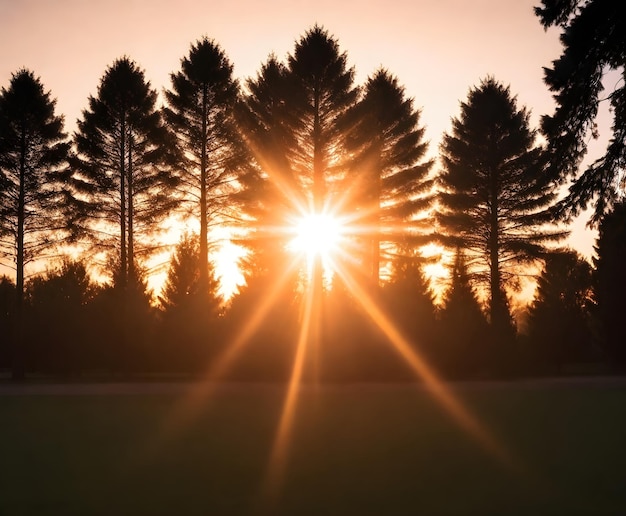 Sunset behind silhouette of trees with lens flare effect