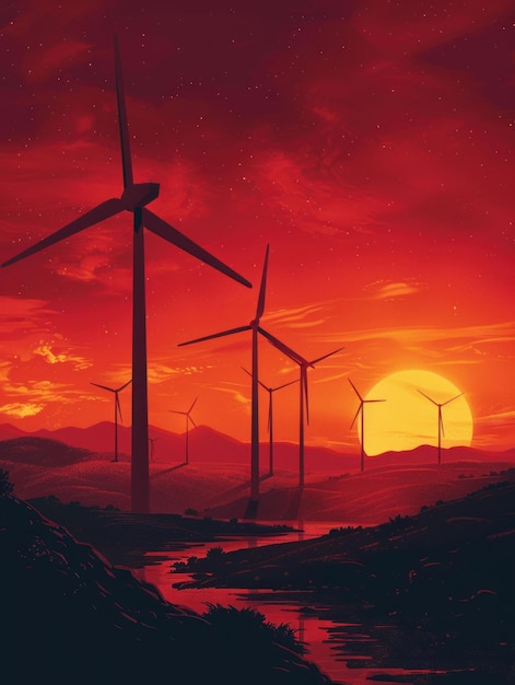 At sunset the silhouette of wind turbines stands against a fiery sky This landscape of renewable energy marries technology with nature