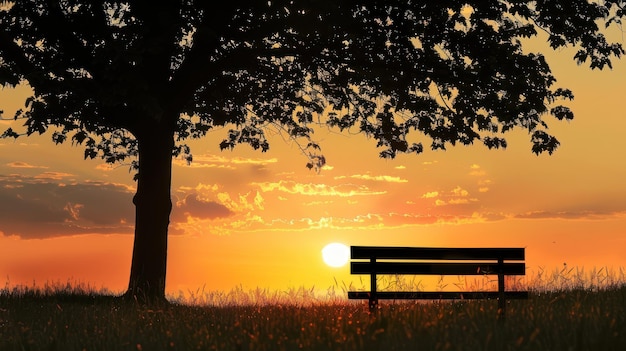 Photo sunset silhouette with a bench and tree