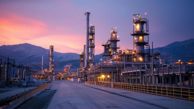 Sunset silhouettes engineering marvel of oil refinery against mountain backdrop