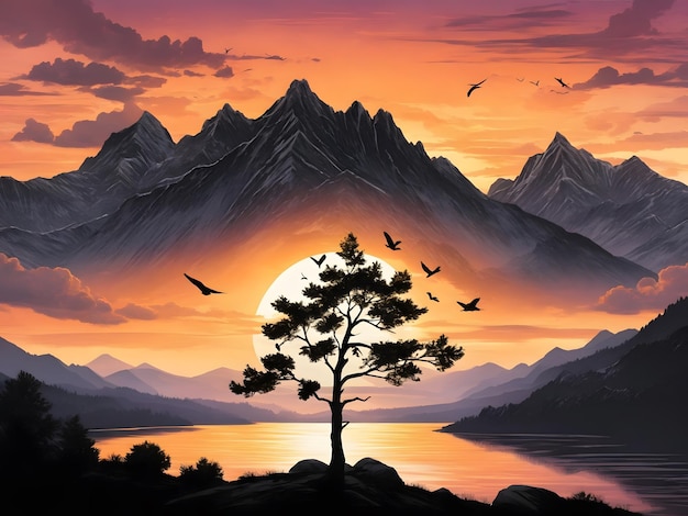 Sunset and silhouettes of trees in the mountains birds flying